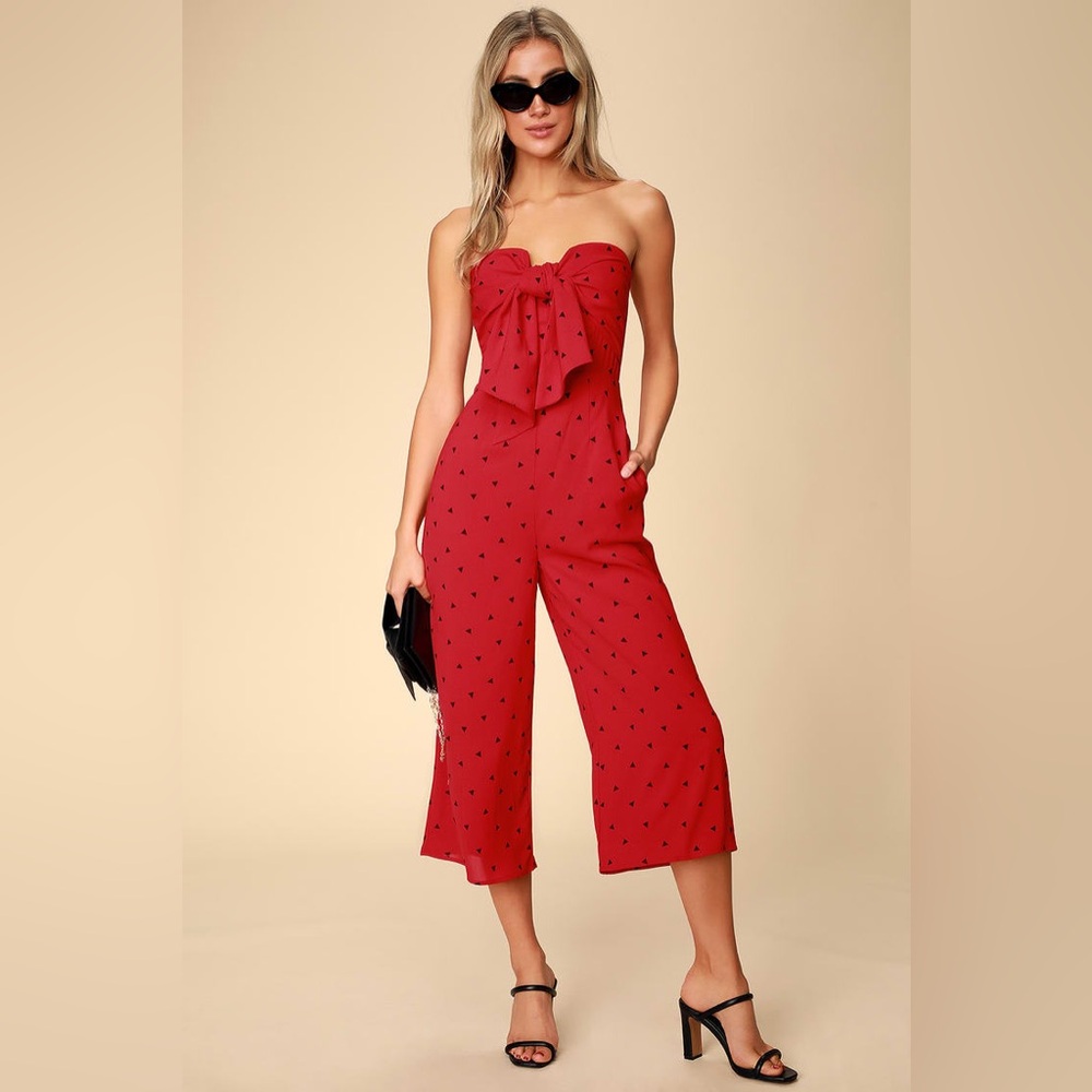 Nectar Red Print Strapless Tie-Front Romper